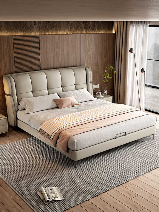 Italian minimalist leather bed Modern simple soft bag double bed 1.8m master bedroom light luxury storage large bed high-end wedding bed