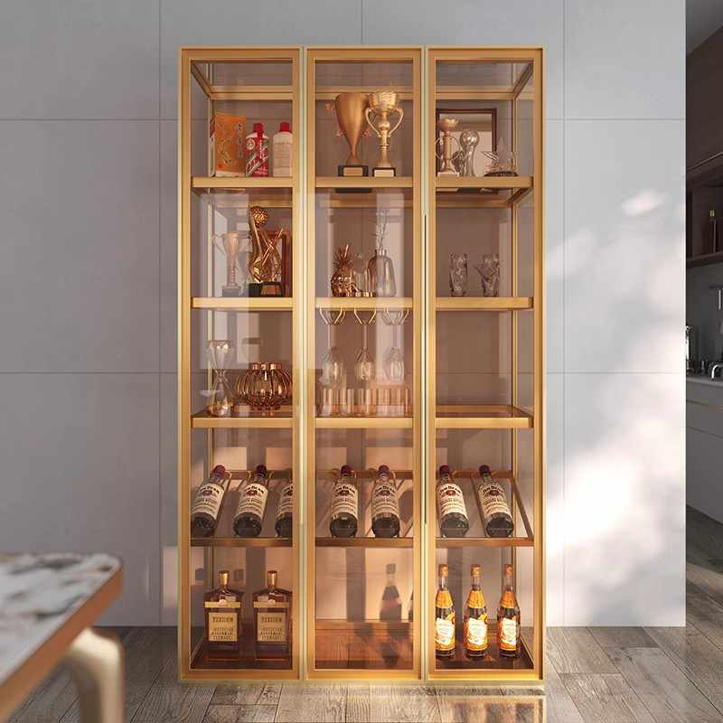 Light luxury wine cabinet living room wall shelf aluminum alloy tempered glass door partition high-grade hand-done tea display cabinet