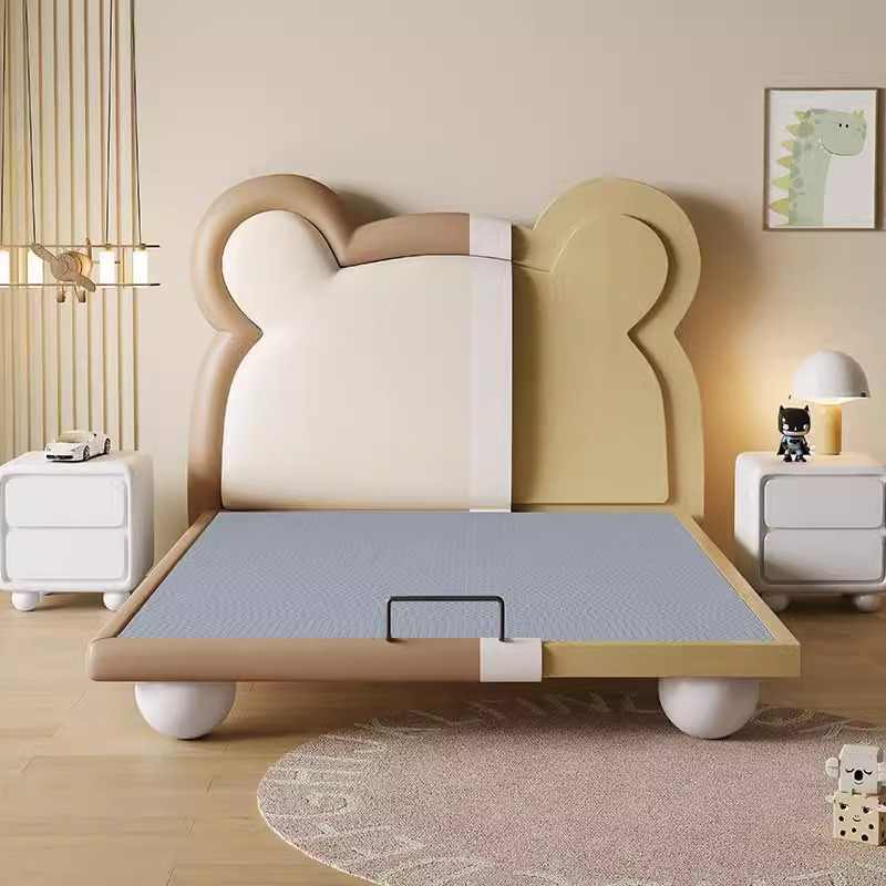 Children's bed Boys Girls Cartoon Bear floating bed with smart Led lights Soft cover art bed 1.2 solid wood frame