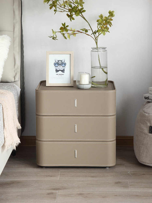 Italian minimalist bedside table simple modern bedroom storage Square three drawers light luxury saddle leather bedside cabinet