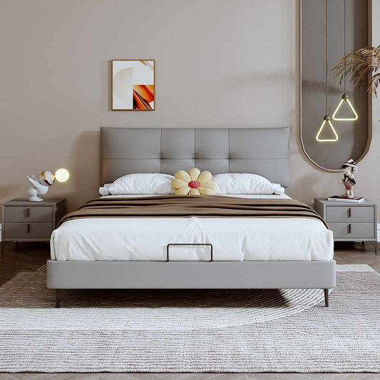 Modern simple master bedroom leather bed Double bed small flat soft cover headboard cowhide bed