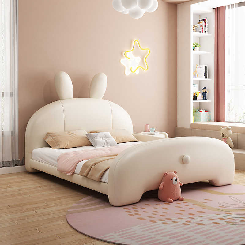 Children's bed Bunny bed Girl Princess Bed Cream soft bag Baby Small single bed with guardrail leather bed