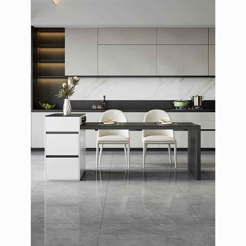 Small apartment rock slab island table integrated dual use modern simple cream wind retractable household multi-functional tea table