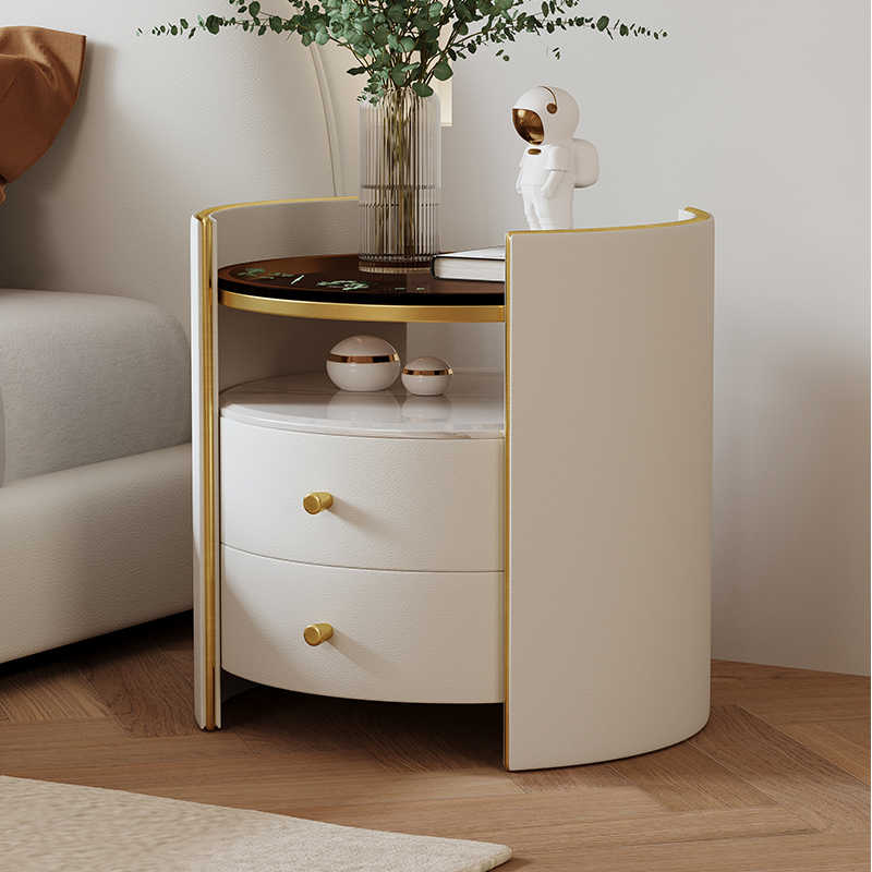 Light luxury cream style nightstand round simple modern bedroom bedside cabinet very simple rock board brown glass storage cabinet