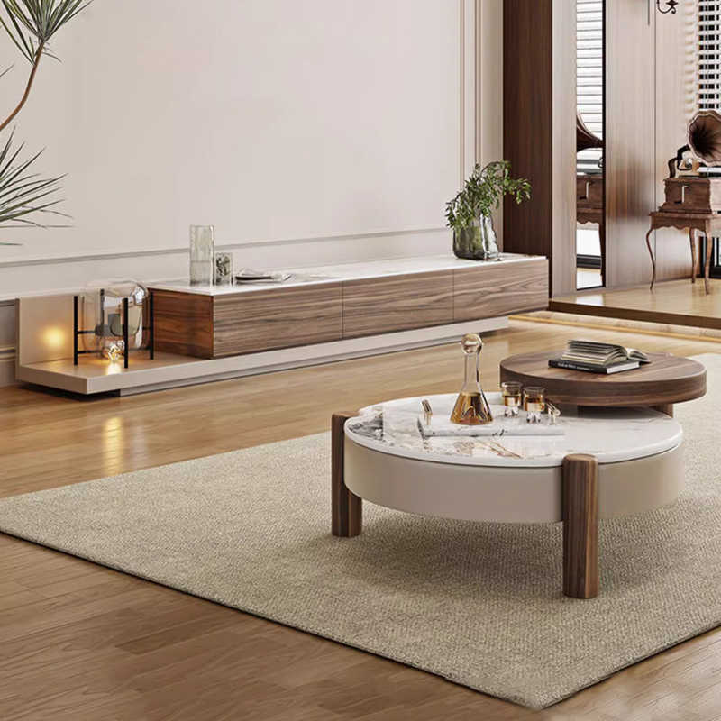 Nordic modern simple retro log luxury stone round coffee table TV cabinet combination size apartment