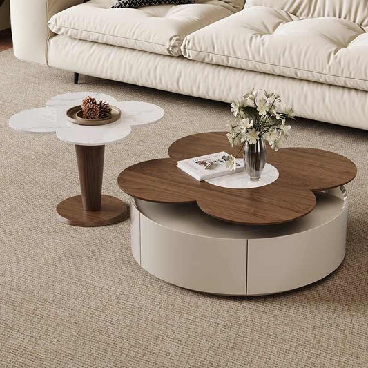 Cream wind rock plate coffee table Italian living room home small apartment new flower four-leaf clover can rotate round coffee table