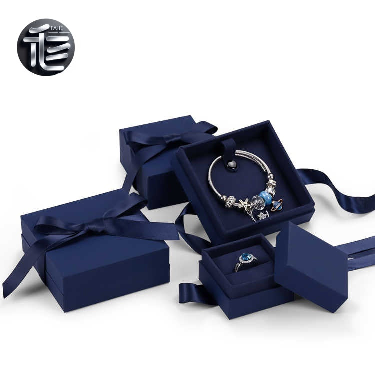 5pcs Navy Blue Jewelry Box, Ribbon Bow, Velvet Insert, Ring Bracelet Packaging