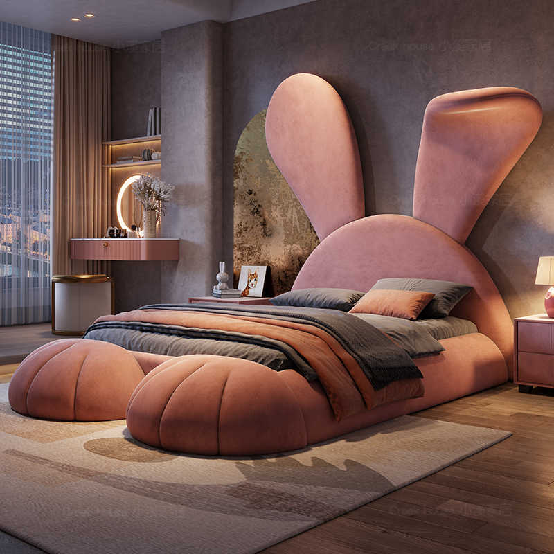 Light luxury children pink princess bed cartoon rabbit modern simple multi-functional girl bed fabric red solid wood bed