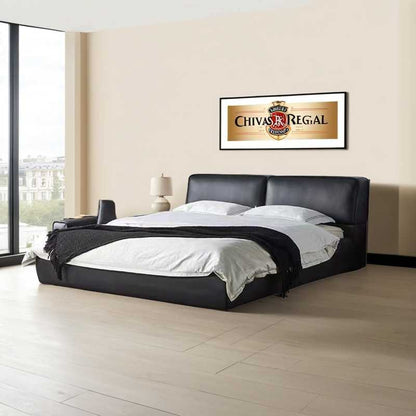 Large black cow bed leather black leather bed minimalist master bedroom landing Foshan high-end software