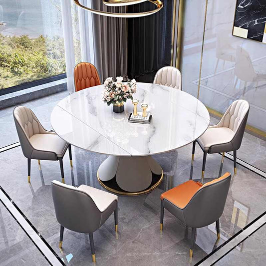 Minimalist Italian rock plate dining table and chair combination of modern simple metal art telescopic square round lotus table