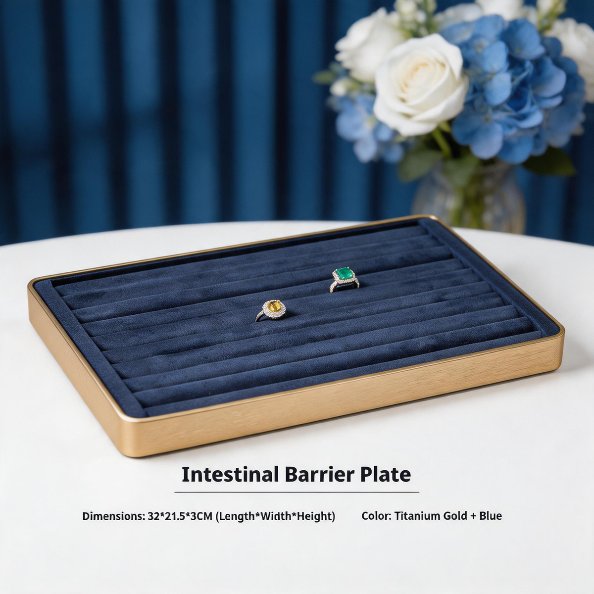 Gold Metal Jewelry Tray with Velvet Lining for Ring and Necklace Display