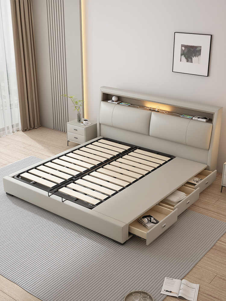 Italian minimalist leather bed Double bed soft bag Master bedroom modern simple 1.8m three drawer storage small apartment