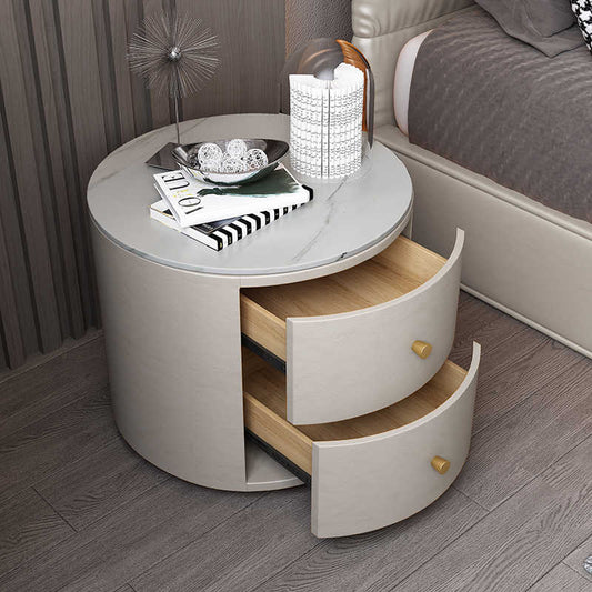 Round nightstand simple modern light luxury high-end leather solid wood network red bedroom small mini rock panel bed side cabinet