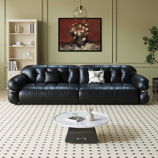 French retro light luxury leather sofa living room in the antique steel ring black sugar cloud straight row black head layer cowhide sofa