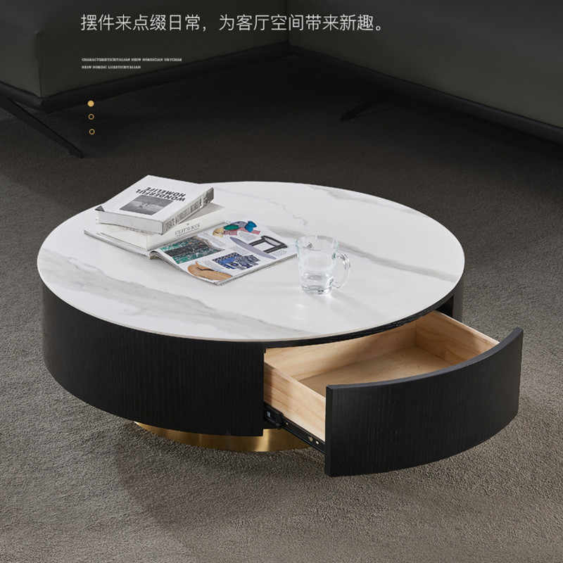 Rock panel solid wood round coffee table living room home round coffee table cabinet Italian style very simple modern pure black and white coffee table