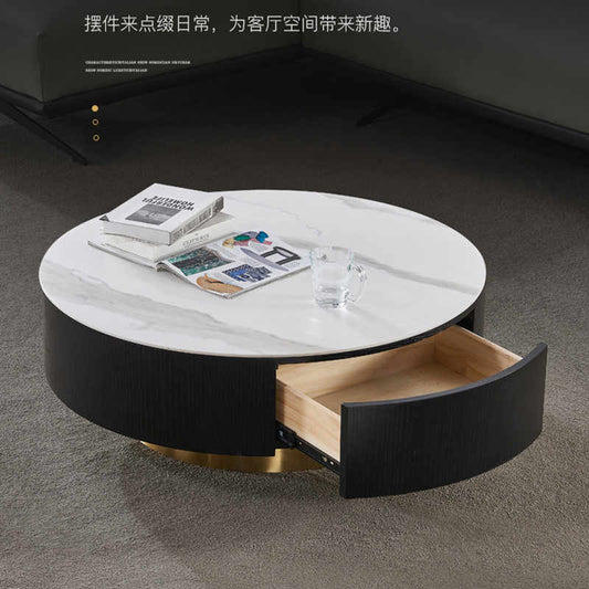 Rock panel solid wood round coffee table living room home round coffee table cabinet Italian style very simple modern pure black and white coffee table