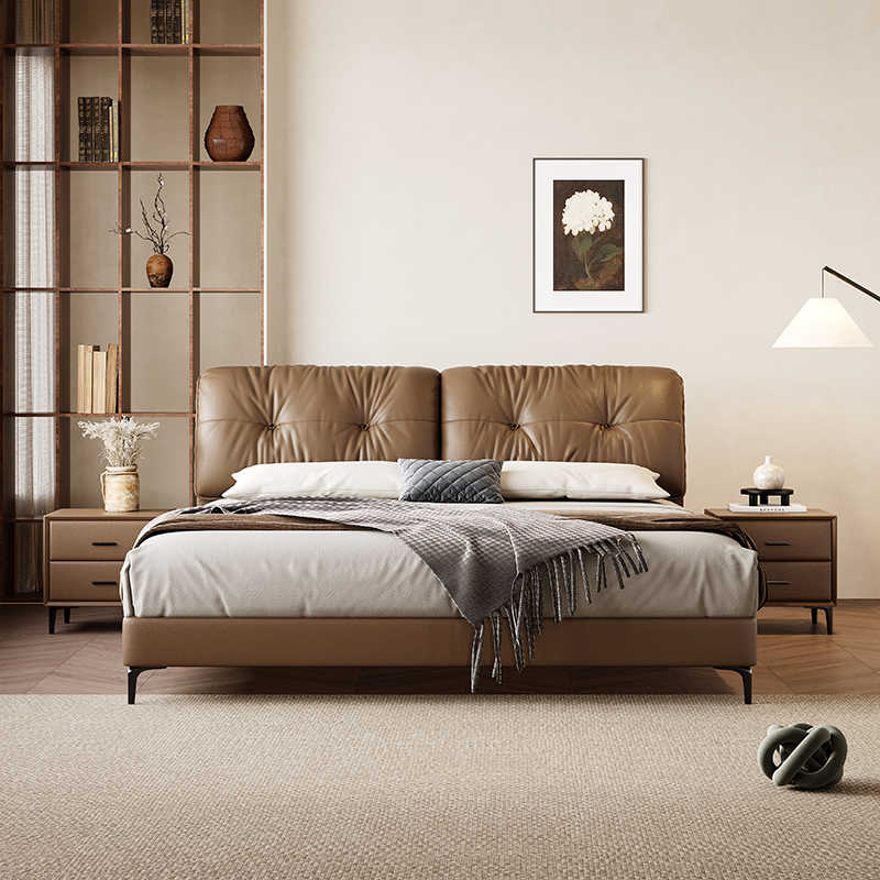 Medieval cream-style leather bed 1.8m double bed Master Bedroom Wedding bed Modern simple elephant ear storage bed
