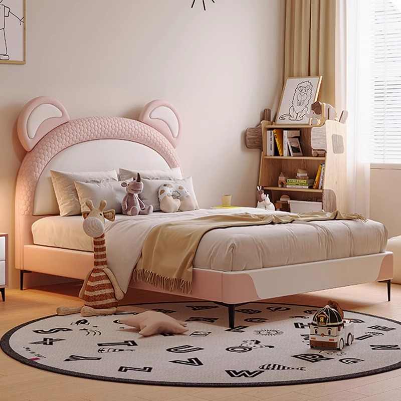 Children's beds Boys Girls Cartoon Bear Modern simple secondary soft bed 1 m 2 Boys leather bed 1.5m