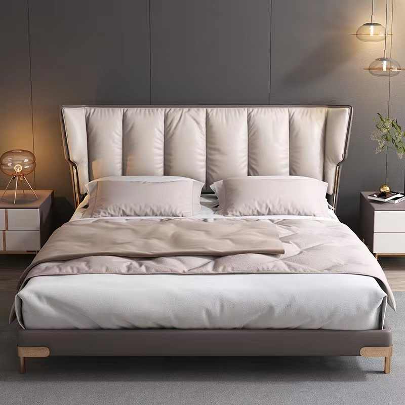 Italian minimalist layer cowhide bed leather bed modern simple light luxury master bedroom solid wood bed floor wedding bed double bed