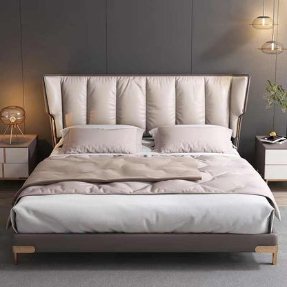 Italian minimalist layer cowhide bed leather bed modern simple light luxury master bedroom solid wood bed floor wedding bed double bed
