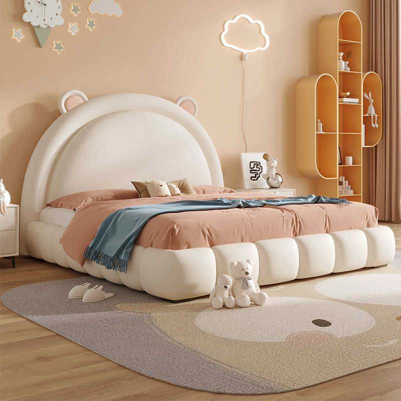 Puff baby bed Girl Cartoon Bear Boy bed all solid wood leather soft wrap Cream wind Princess bed Girl bed