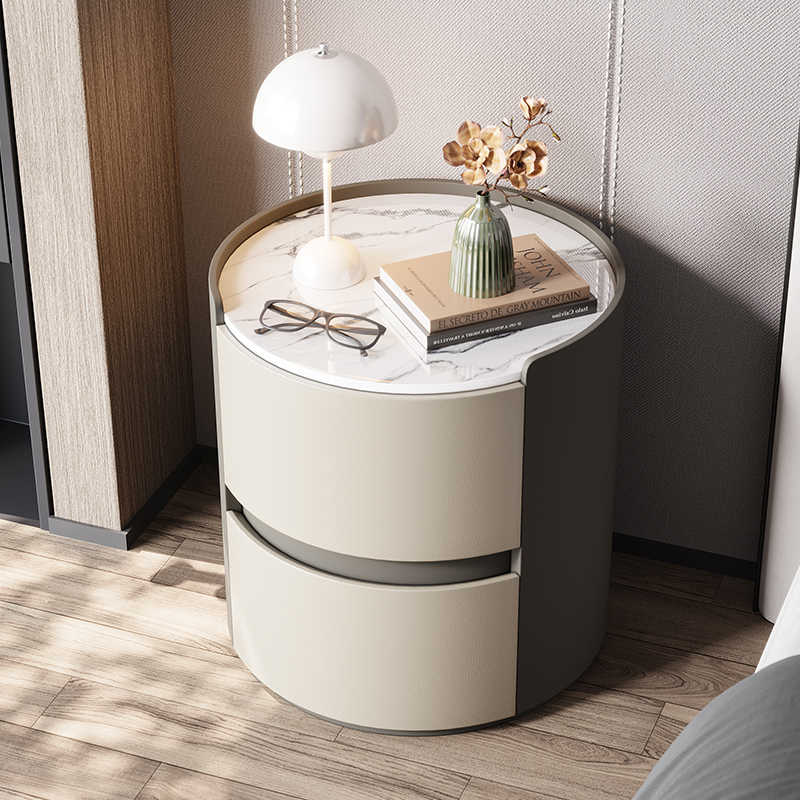 Modern simple light luxury rock board round nightstand leather master bedroom storage cabinet Solid wood storage cabinet