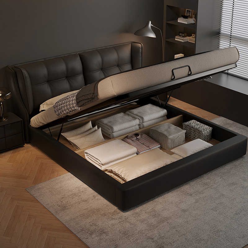 Italian leather bed Light luxury atmospheric first layer leather double master bed 1.8m storage bed Modern simple wedding bed