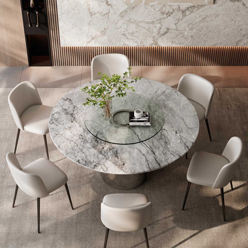 Apartment luxury marble round table with turntable Italian minimalist light luxury high-end round luxury stone dining table home dining table chair