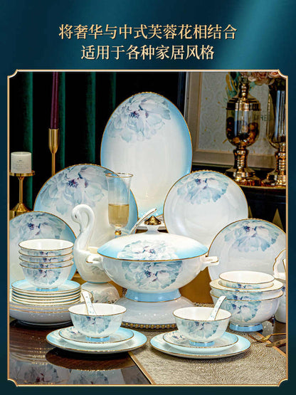 Jingdezhen white porcelain tableware set under glaze color light luxury dish set household housewarming gift bowl combination