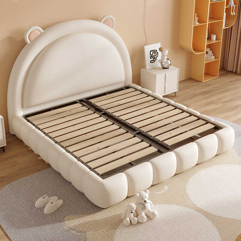 Puff baby bed Girl Cartoon Bear Boy bed all solid wood leather soft wrap Cream wind Princess bed Girl bed