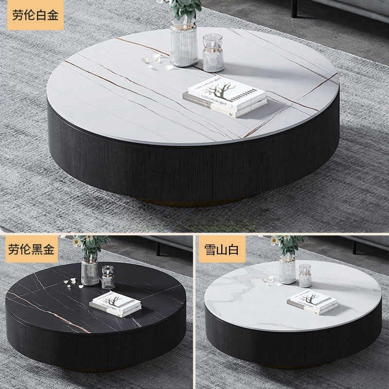 Rock panel solid wood round coffee table living room home round coffee table cabinet Italian style very simple modern pure black and white coffee table