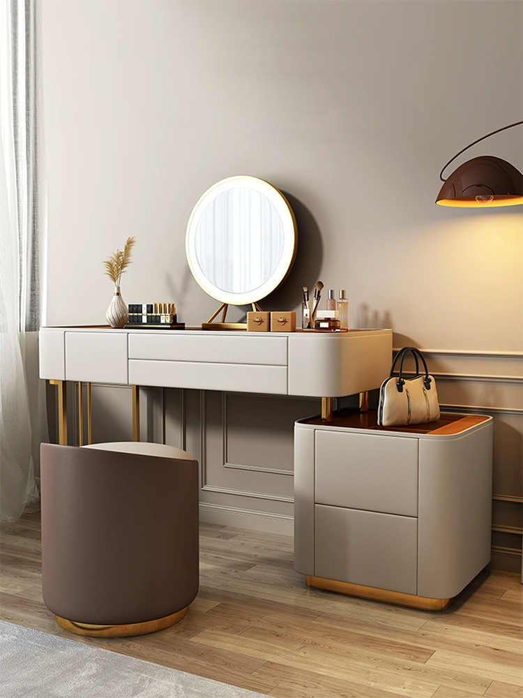 Light luxury dressing table advanced sense tempered glass Italian minimalist designer solid wood makeup table bucket cabinet one