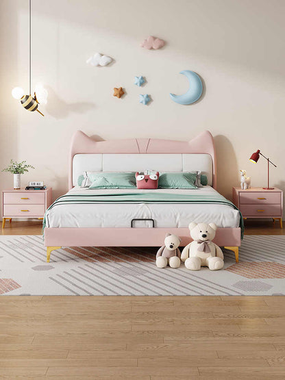 Cat ears child bed girl pink cartoon girl Princess bed ins net celebrity single solid wood storage leather bed