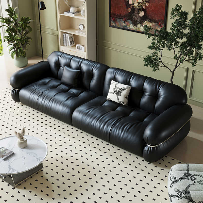 French retro light luxury leather sofa living room in the antique steel ring black sugar cloud straight row black head layer cowhide sofa