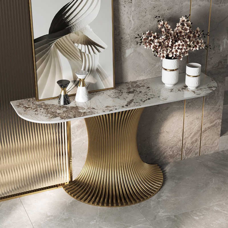 Light luxury entrance porch table against the wall at the end of the corridor decorative cabinet stainless steel end view terrace villa high-end entrance terrace