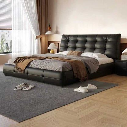 Retro style leather headboard cowhide high-end big black bear double wedding bed Master bedroom soft bed modern simple