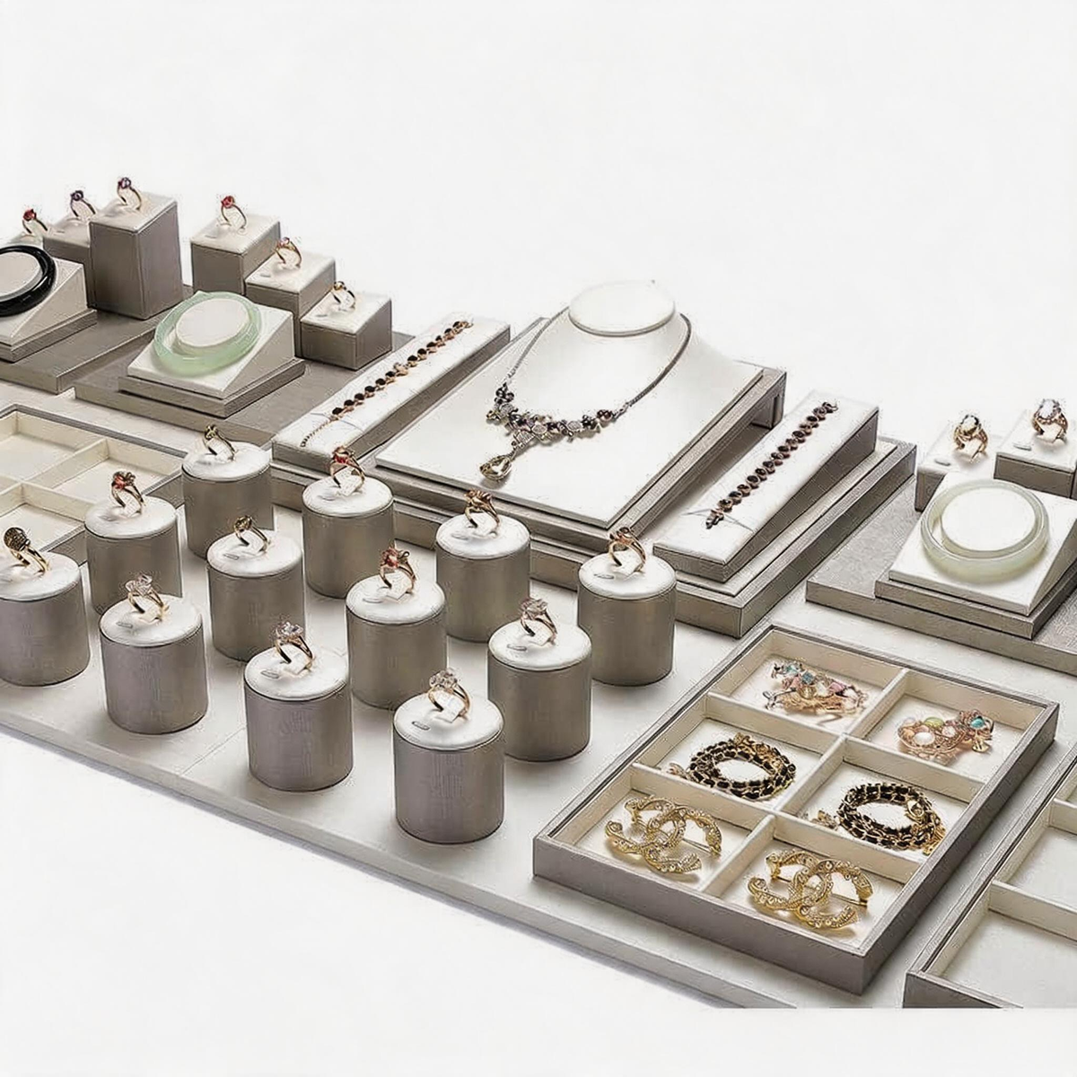 Gray Faux Leather Jewelry Display Set with Ring Stands for Vendors
