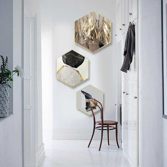 Gold feather decorative painting hexagonal living room bedroom hanging painting crystal porcelain painting cash register hotel wall painting