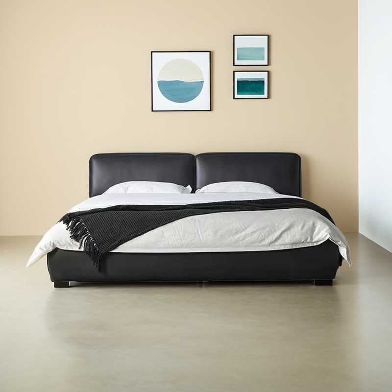Large black cow bed leather black leather bed minimalist master bedroom landing Foshan high-end software