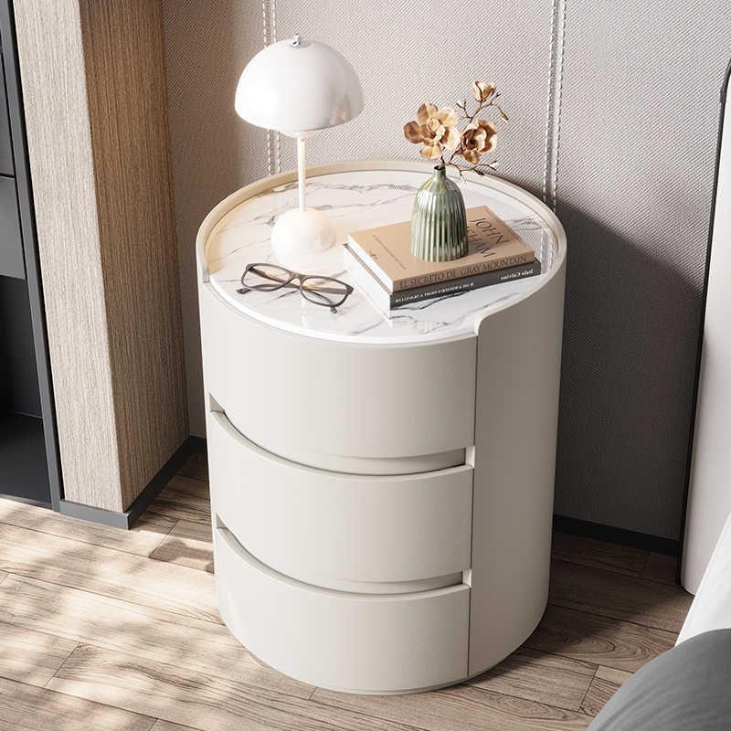 Modern simple light luxury rock board round nightstand leather master bedroom storage cabinet Solid wood storage cabinet