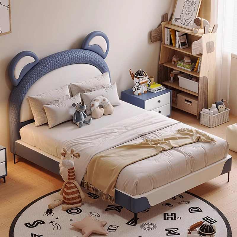 Children's beds Boys Girls Cartoon Bear Modern simple secondary soft bed 1 m 2 Boys leather bed 1.5m
