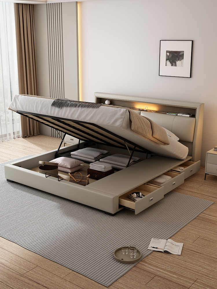 Italian minimalist leather bed Double bed soft bag Master bedroom modern simple 1.8m three drawer storage small apartment