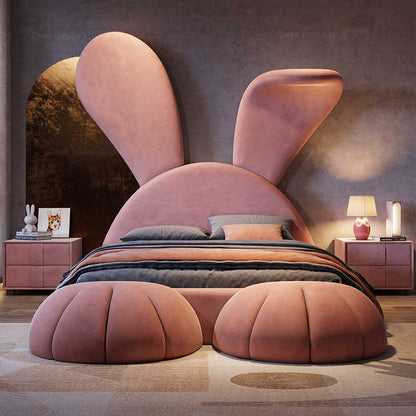 Light luxury children pink princess bed cartoon rabbit modern simple multi-functional girl bed fabric red solid wood bed