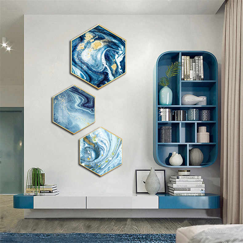 Crystal porcelain painting abstract living room decorative painting TV background wall triple hanging painting Blue opposite door porch wall painting
