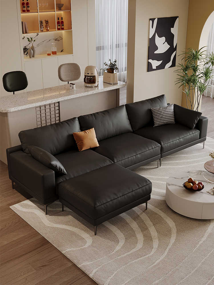 Modern simple small apartment cat-scratch proof leather sofa three people straight row living room Italian minimalist down black sofa