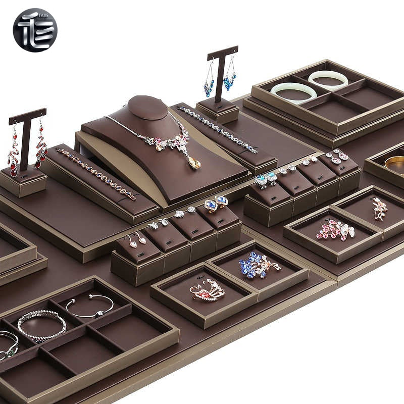 Brown Faux Leather Jewelry Display Set with Necklace Stand for Vendors