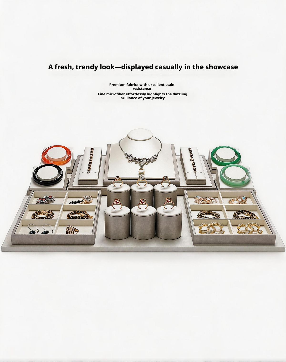 Gray Faux Leather Jewelry Display Set with Ring Stands for Vendors