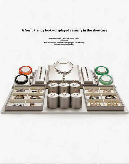 Gray Faux Leather Jewelry Display Set with Ring Stands for Vendors