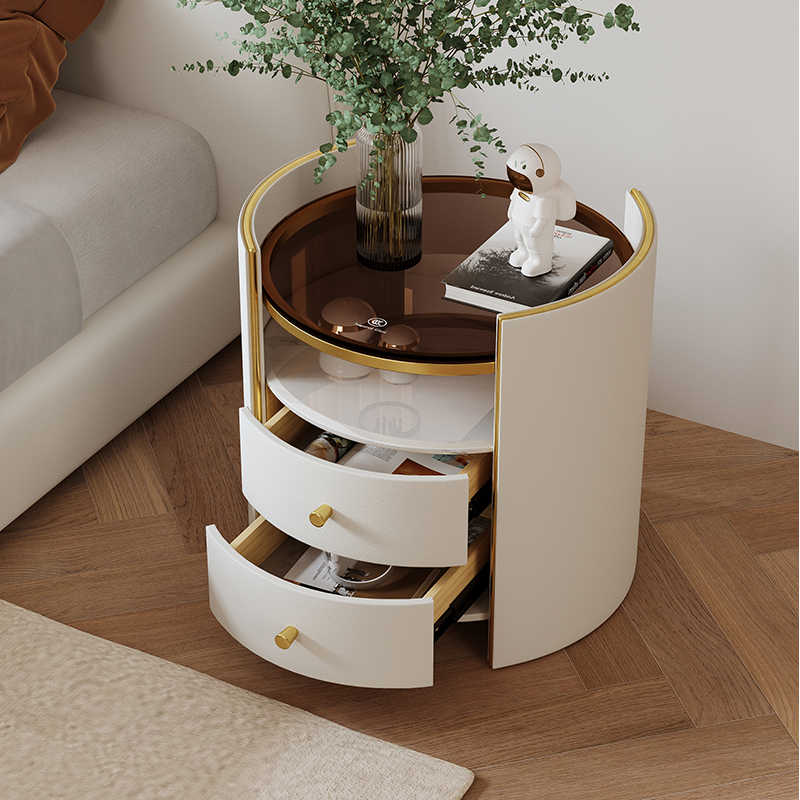 Light luxury cream style nightstand round simple modern bedroom bedside cabinet very simple rock board brown glass storage cabinet