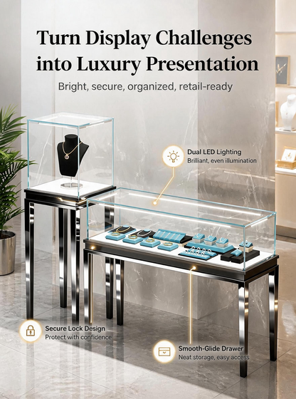 Stainless steel Luxury Jewelry Display Cabinet, Tempered Glass, Dual-Row LED, Gold Finish